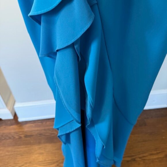 CARMEN MARC VALVO Infusion Peacock Blue Cascading Ruffle Hi-Slit Maxi Gown 6 US - Picture 5 of 10